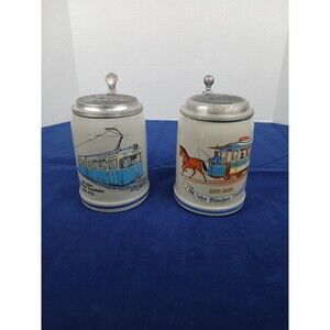 Vintage Munich Tram Beer Stein 100 Year Anniversary Pewter Lid 6” Set of Two (2)